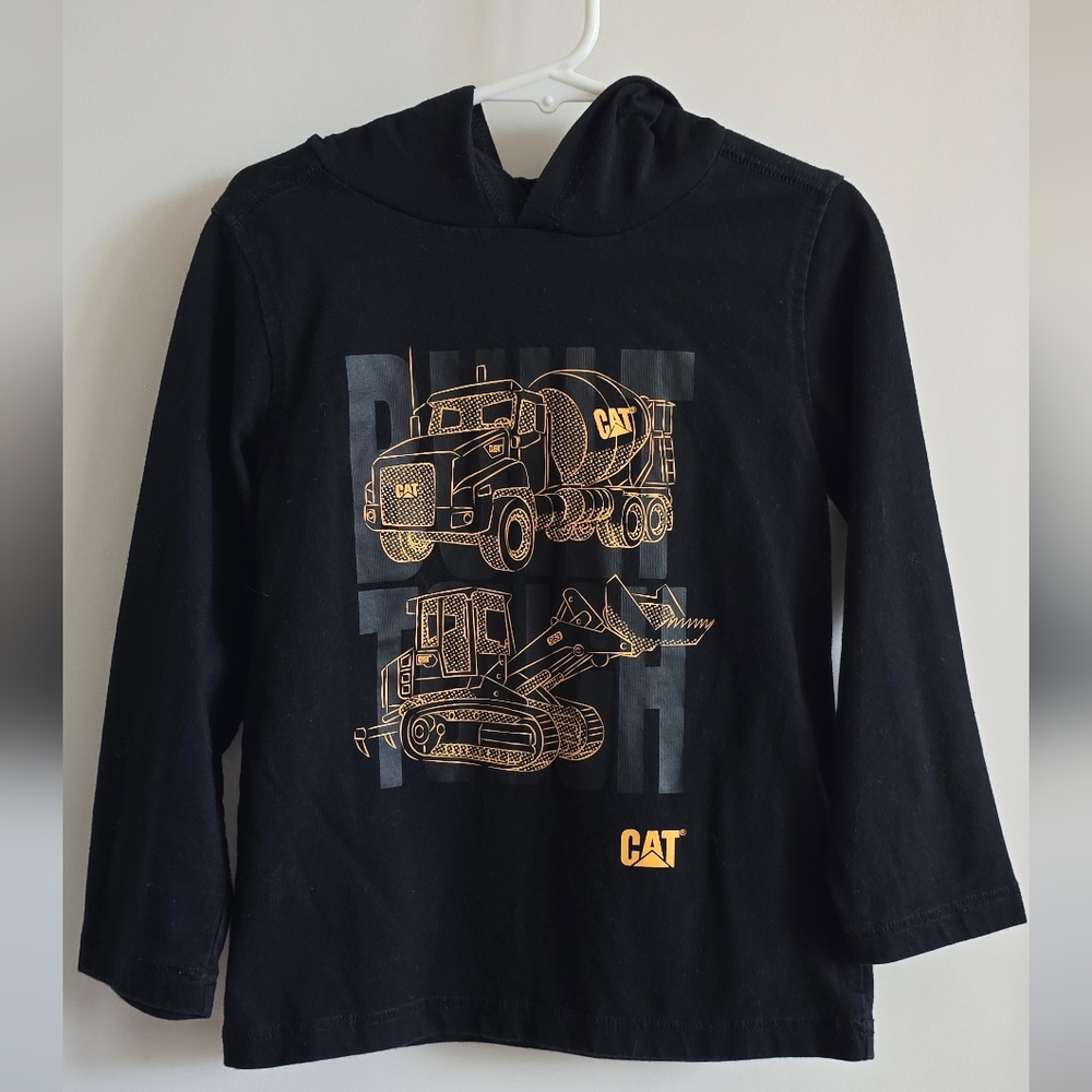 CAT Kids Black Longsleeve W Hood with Construction Graphics